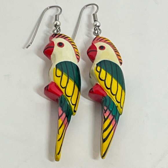Hand-Painted wooden Parrot Dangle Earrings with Vibrant Tropical Colors - Picture 5 of 7